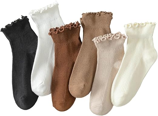 Photo 1 of Hstyle 6 Pairs of Ruffle Socks Women, Ruffle Turn-Cuff Casual Cute Girl Ruffle Socks Breathable Cool Ruffle Ankle Socks