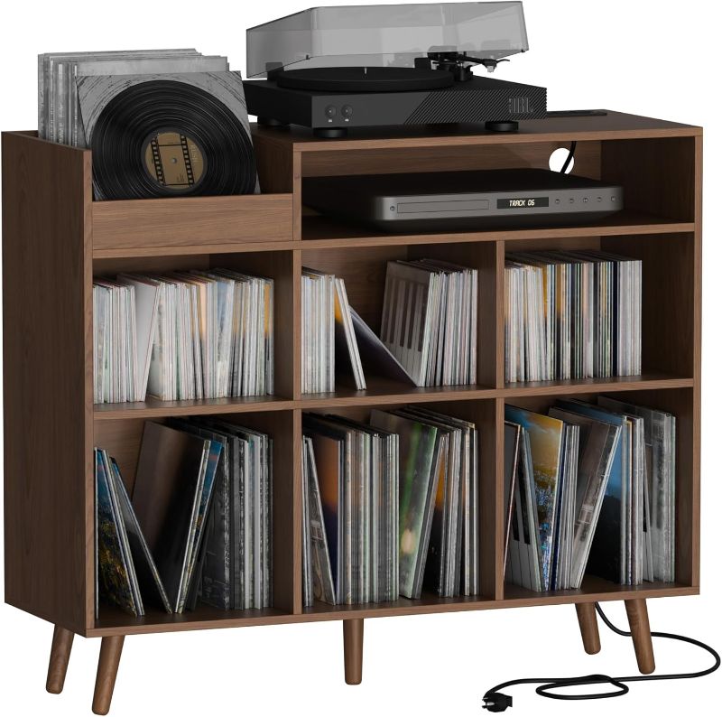 Photo 1 of Cozy Castle Record Player Stand, Turntable Shelf with Vinyl Storage up to 500 Albums, Vinyl Record Player Shelf with Power Outlet Sideboard Buffet Cabinet with Storage Accent Cabinet, Brown
