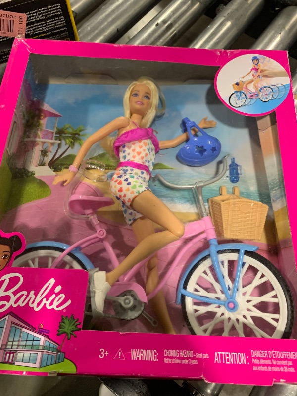 Photo 2 of Barbie Doll & Bike Set with Accessories, Blonde in Rainbow Romper with Pink & Blue Bicycle, Helmet, Basket & Water Bottle