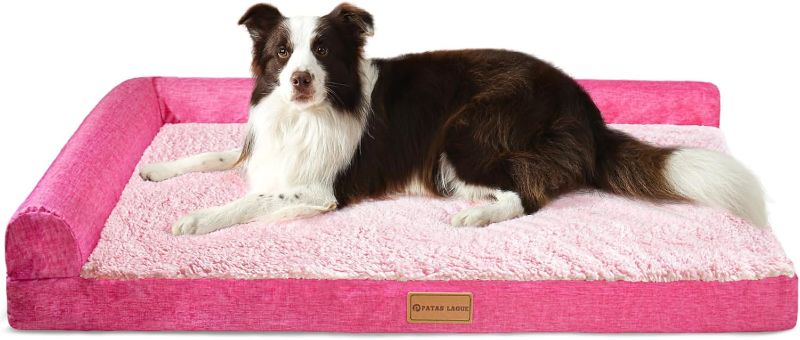 Photo 1 of Patas Lague Orthopedic XXL Dog Bed for Extra Large Dogs 48''X30'', Waterproof L Shaped Big Large Pet Sofa Beds with Removable Washable Cover, Soft Comfortable Pet Couch Mat with Nonskid Bottom, Pink