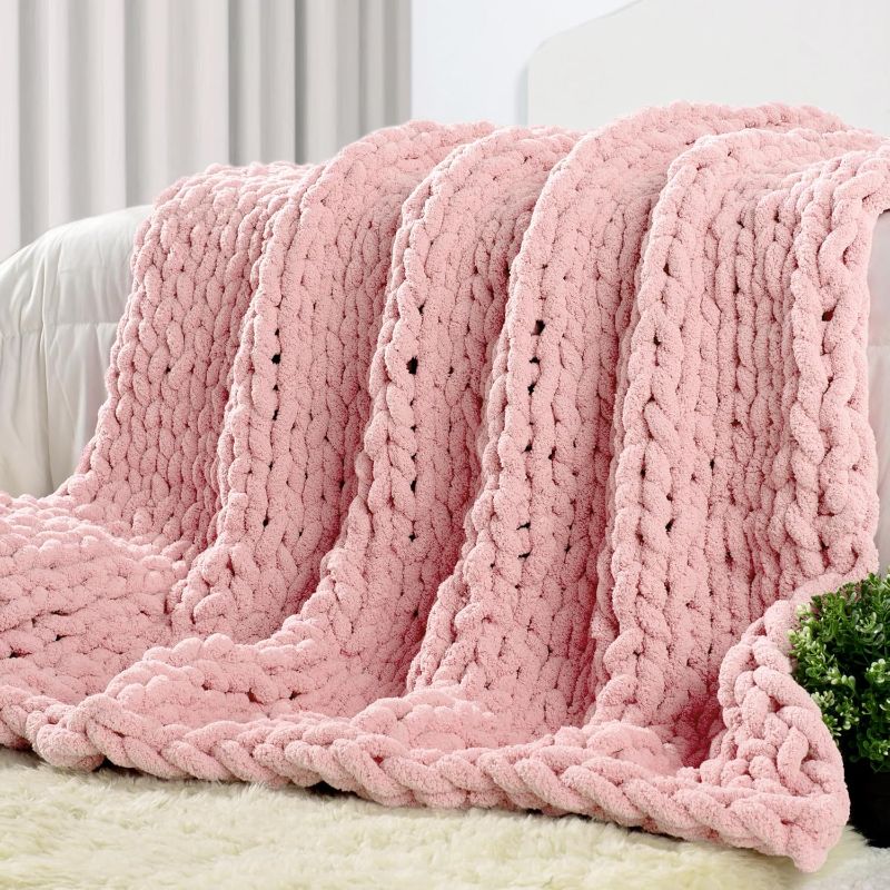 Photo 1 of Knit Throw Blanket 50" X 60", 100% Hand Made Large Chenille Loop Yarn Soft Fluffy Throws for Couch Sofa Bed, Big Crochet Cozy Heavy Thick Cable Woven Blankets, Dusty Pink