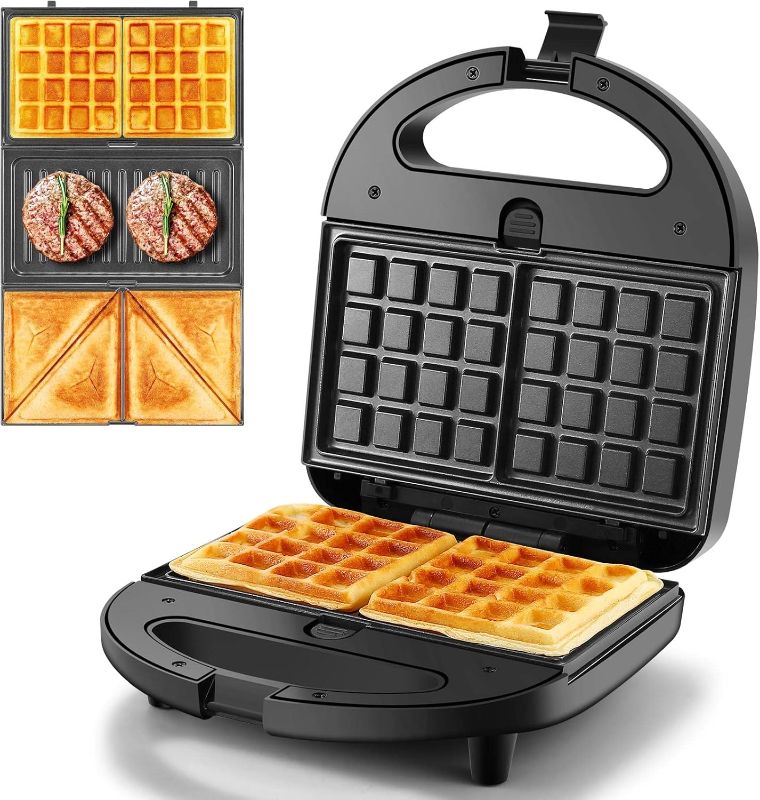 Photo 1 of  3 in 1 Sandwich Maker Panini Press Waffle Iron Set with 3 Removable Non-Stick Plates, 750 W Toaster Perfect for Sandwiches Grilled Cheese Steak, Black
