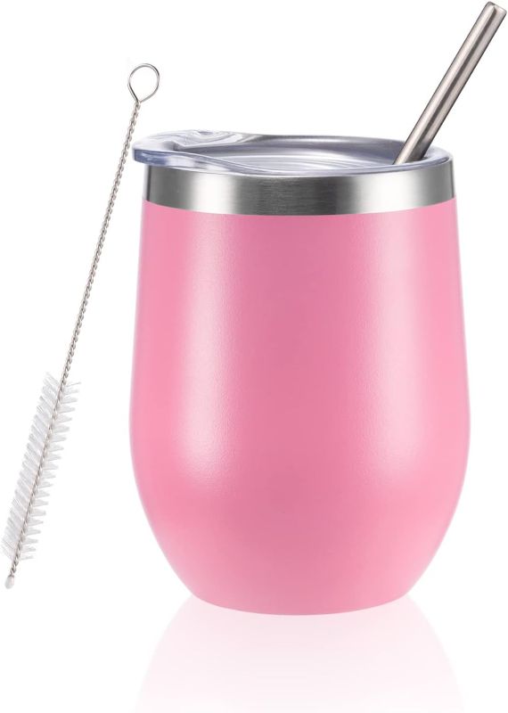 Photo 1 of 12 oz Insulated Wine Tumbler with Lid and Straw,Stainless Steel Stemless Wine Tumbler Glasses Double Wall Vacuum Wine Cups Tumbler Bulk for Coffee,Champaign,Cocktail,Office?Pink,1?
