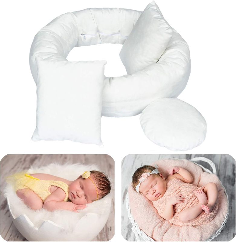 Photo 1 of 3PC Newborn Photography Props Baby Posing Aid Pillow Beans Bag 1pc Donut +3 pcs Posing Pillow Photograph Shoot Set for 0-4 Months Baby White