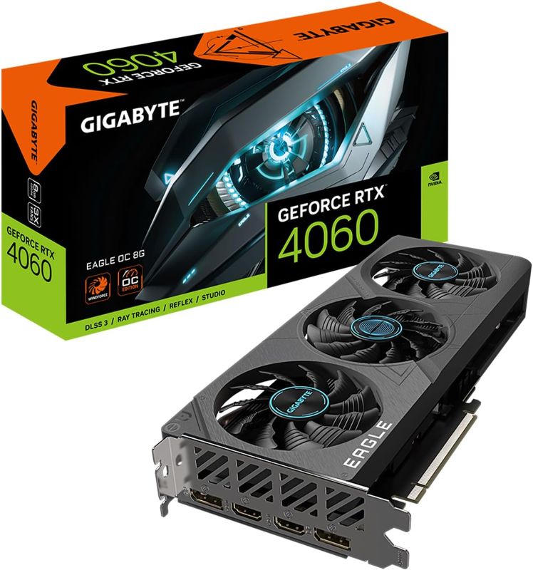 Photo 1 of GIGABYTE GeForce RTX 4060 Eagle OC 8G Graphics Card, 3X WINDFORCE Fans, 8GB 128-bit GDDR6, GV-N4060EAGLE OC-8GD Video Card
