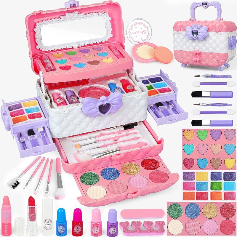 Photo 1 of 54 Pcs Kids Makeup Kit for Girls, Princess Real Washable Pretend Play Cosmetic Set Toys with Mirror, Non-Toxic & Safe, Birthday Gifts for 3 4 5 6 7 8 9 10+Years Old Girls Kids (Pink White)
