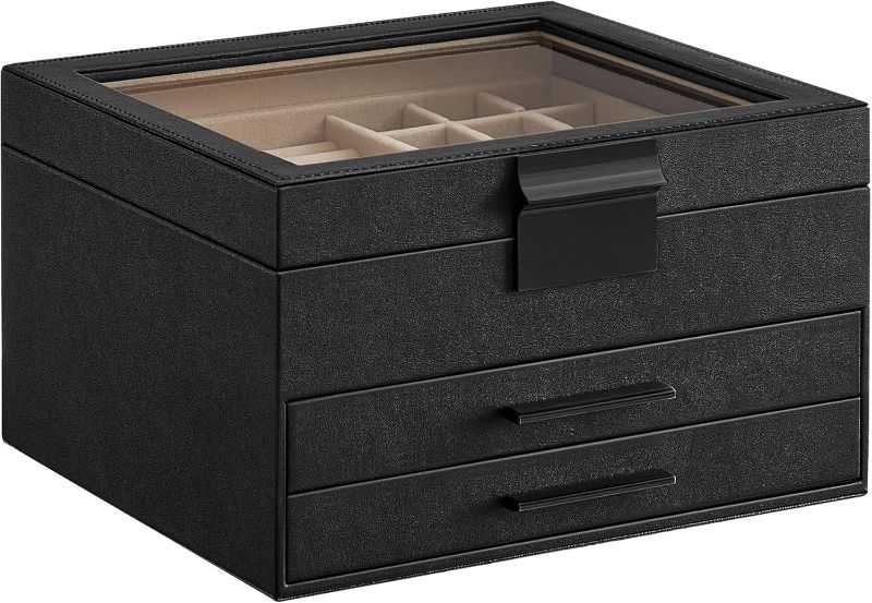 Photo 1 of SONGMICS Jewelry Box with Glass Lid, 3-Layer Jewelry Organizer, 2 Drawers, for Big and Small Jewelry, Modern Style, 8 x 9.1 x 5.3 Inches, Valentine's Day Gift, Graphite Black and Silver UJBC239BK
