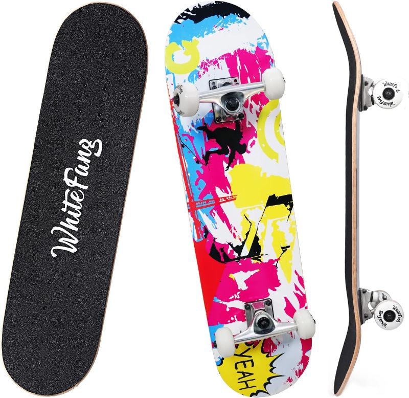 Photo 1 of WhiteFang Skateboards for Beginners, Complete Skateboard 31 x 7.88, 7 Layer Canadian Maple Double Kick Concave Standard and Tricks Skateboards for Kids and Beginners
