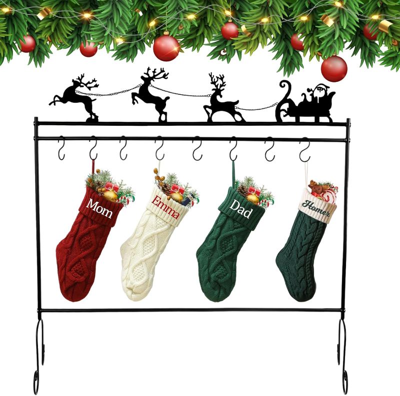 Photo 1 of Christmas Stocking Holder Stand with 6 Hooks, Metal Christmas Stocking Hanger Floor Stand with Christmas Reindeer Decorations, Black
