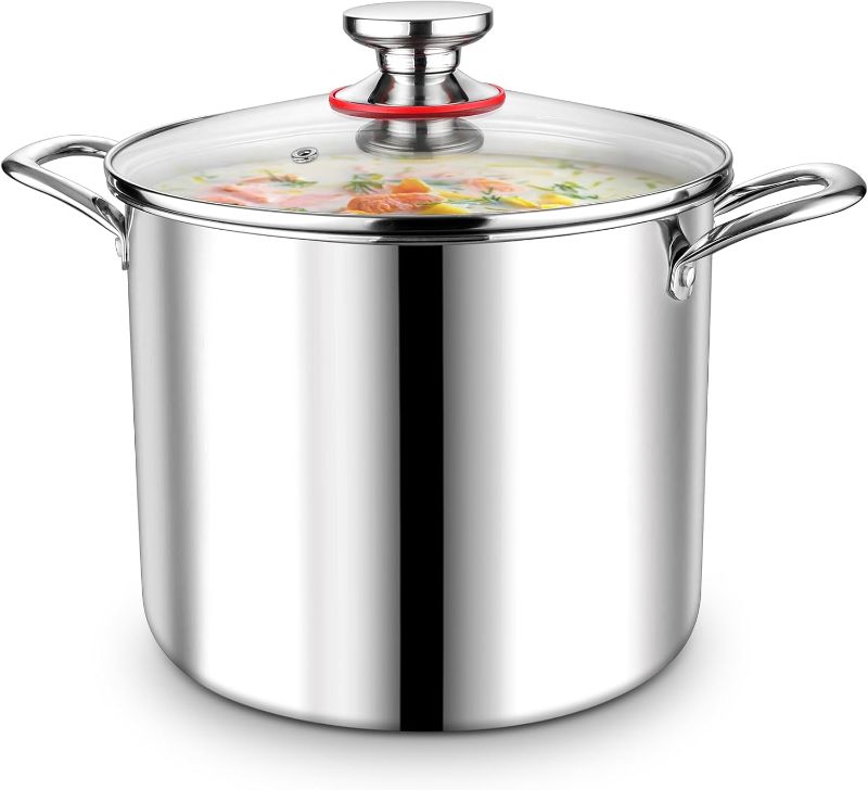 Photo 1 of P&P CHEF 10 Quart Stainless Steel Stock Cooking Pot with Lid, 3-Ply Large Stockpot Cookware for Induction Gas Electric Stoves, Visible Cover & Measurement Marks, Non-toxic & Dishwasher Safe
