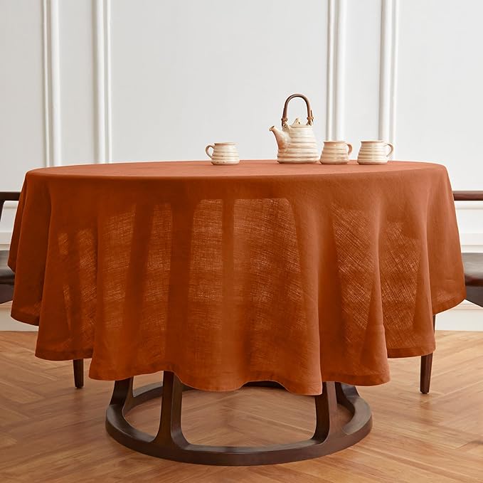 Photo 2 of Solino Home Cordovan Linen Round Tablecloth 60 Inch Diameter - Sonoma, 100% Pure Linen Prewashed Table Cloth - Machine Washable Tablecloth for Wedding, Parties