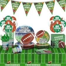 Photo 1 of 166 Pcs Football Party Decoration Supplies Set for 16 Included Dinner and Dessert Plates Napkins Cups Forks Knife Spoons Touch Down Backdrop Tablecloth Balloons for Kid Adult Super Football Bowl Party