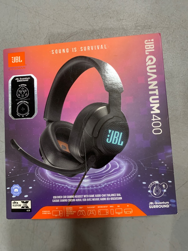 Photo 2 of JBL Quantum 400 - USB over-ear gaming headset with game-chat balance dial, JBL QuantumSURROUND and DTS, Voice focus directional flip-up mic and memory foam ear cushions (Black)