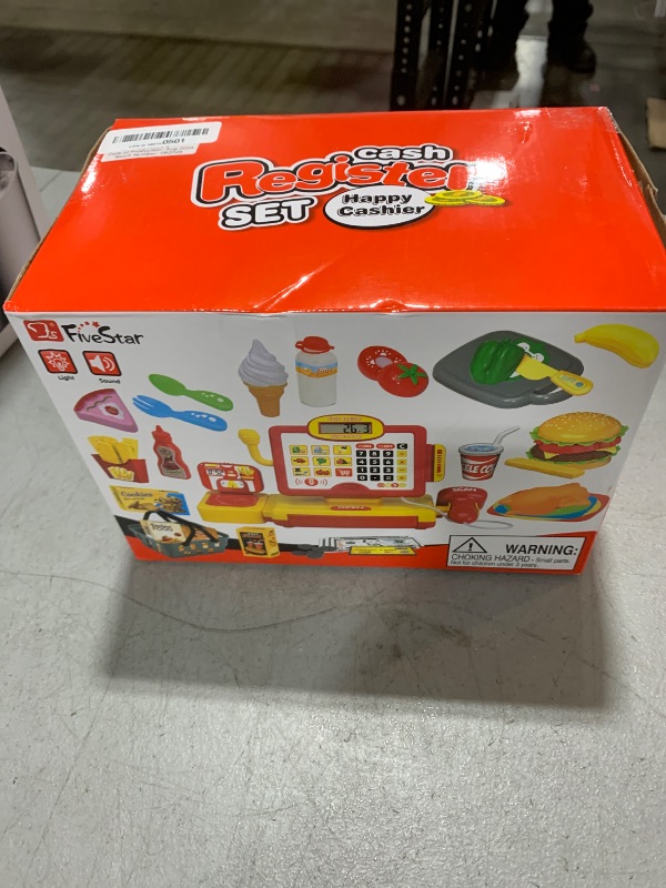 Photo 1 of FS Pretend Play Cash Register Toy with True Barcode Scanner & Calculator, Microphone, Play Food, Supermarket Cashier, Great Pre-School Gift Cash Register for Kids Boys & Girls, Ages 3 4 5 6 8