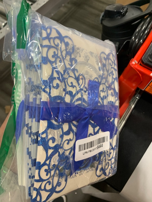 Photo 1 of KUCHYNEE 50PCS 5.1x7.3 Inch Blank Royal Blue Glitter Laser Cut Invitation Cards Hollow Floral Pocket Invitations with Envelopes For Wedding Quincenera Invite