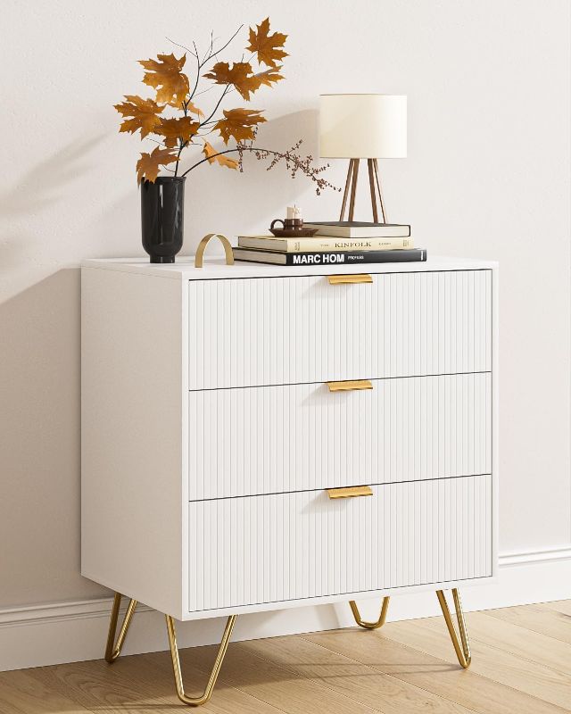 Photo 1 of 3 Drawer Dresser for Bedroom, Modern Closet Dressers Chest of Drawers, Storage Dresser Chest Cabinet Organizer Unit, Small Fluted Dresser for Bedroom (White Stripe)

