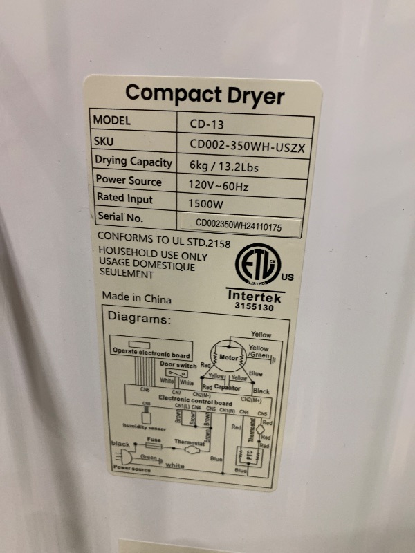 Photo 1 of *MINOR DENTS//POWERS ON* Euhomy Compact Laundry Dryer, 3.5 cu ft Front Load Stainless Steel Clothes Dryers With Exhaust Pipe, 1500W, LCD Control Panel Four-Function Portable Dryer For Apartments, Home, Dorm, White