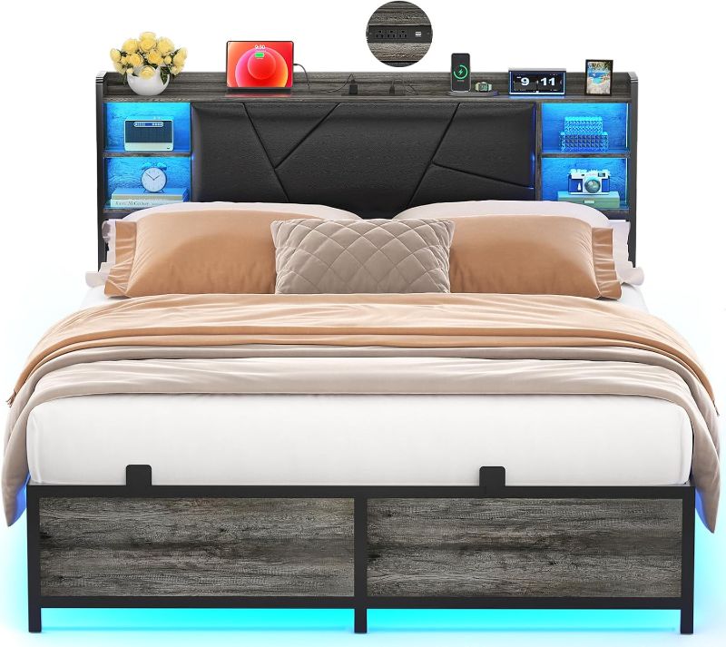 Photo 1 of *UNKNOWN SIZE* Unikito Cool Size Bed Frame with RGB LED Lights and Power Outlets, Sturdy Platform Bed with Storage Upholstered Headboard, Strong Metal Slats, No Box Spring Needed, Easy Assembly, Vintage
