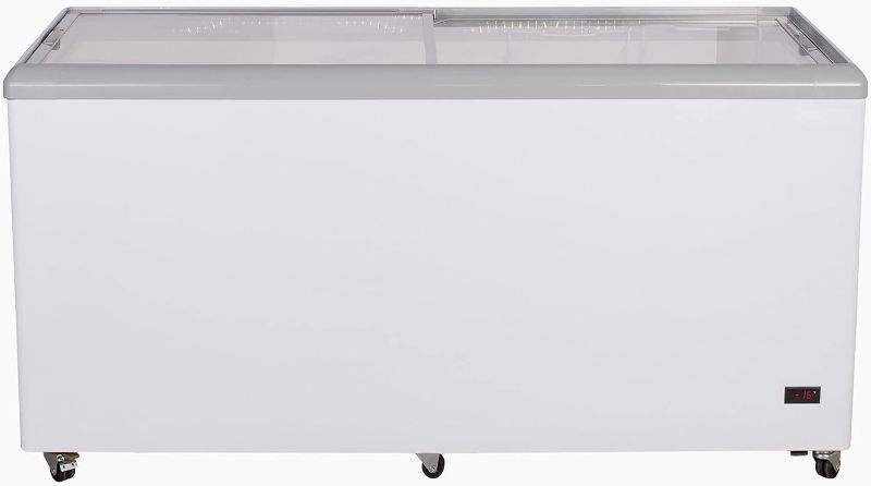 Photo 1 of **  FINAL SALE * SEE NOTES ** Duura Commercial Mobile Ice Cream Display Chest Freezer Sub Zero Temp Curved Glass Top Frost Free Lid with 6 Wire Baskets, 53.2 Inch Wide 15.2 Cubic Feet, White