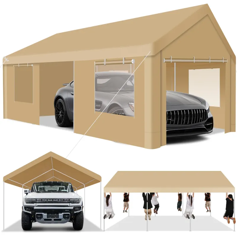 Photo 1 of 
COBIZI 12x20ft Carport Large Heavy Duty Car Tent with Powder-Coated Steel Frame, Portable Garage with Removable Sidewalls & Doors, Car Canopy with All-Season Tarp for Outdoor Party, Birthday, Khaki