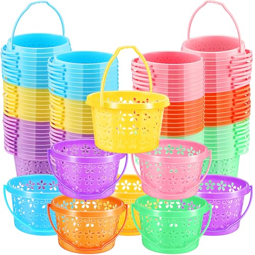 Photo 1 of ***PARTS ONLY***Ziliny 100 Pieces Plastic Easter Baskets Bulk with Handles Colorful Round Egg Mini Baskets for Easter Party Favors Egg Hunt Supplies, 6 Colors