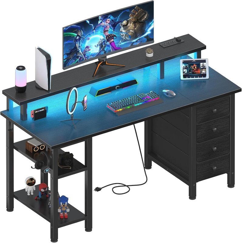 Photo 1 of Lufeiya Black Gaming Desk with LED Lights and Power Outlets, 47 inch Computer Desk with Fabric Drawers and Storage Shelves, Home Office Desk with Monitor Stand, Black
