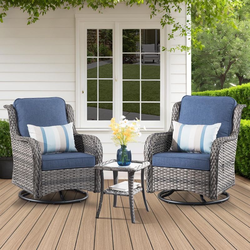 Photo 1 of ** PARTIAL SET MISSING PIECES ** ovios 3 Pieces Patio Rocking Chairs with Side Table, Outdoor Wicker Swivel Chairs of 2, High Back Glider Chairs Rocker Set for Garden, Grey Rattan Denim Blue Cushions
