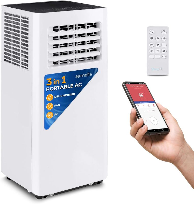 Photo 1 of **BROKEN WHEELS, PLUG- SOLD FOR PARTS ONLY**SereneLife Small Air Conditioner Portable 8,000 BTU with Built-in Dehumidifier - Portable AC unit for rooms up to 350 sq ft - WiFi app + Remote Control, Window Mount Exhaust Kit
