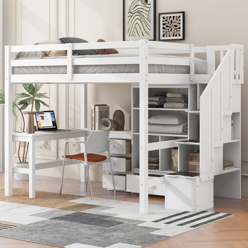 Photo 1 of *** INCOMPLETE SET BOX 2 OF 3 **** Full Size Loft Bed with Desk and Stairs Wood Loft Beds with Storage Cabinet and Bookcase High Loft Bed Frame with Staircase Shelves for Kids, Teen, Boys, Girls, White
