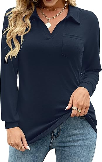 Photo 1 of AKEWEI Womens V Neck Polo Shirts Short Sleeve Collared Tops Loose Casual Tunic Blouses with Pocket L
