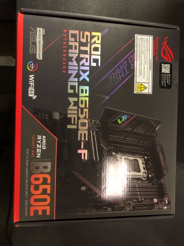 Photo 2 of ASUS ROG Strix B650E-F Gaming WiFi AMD B650 AM5 Ryzen™ Desktop 9000 8000 & 7000 ATX Motherboard, 12+2 Power Stages, DDR5, 3X M.2 Slot, PCIe® 5.0, WiFi 6E, 2.5G LAN, USB 3.2 Gen 2x2 Type-C®, Aura Sync