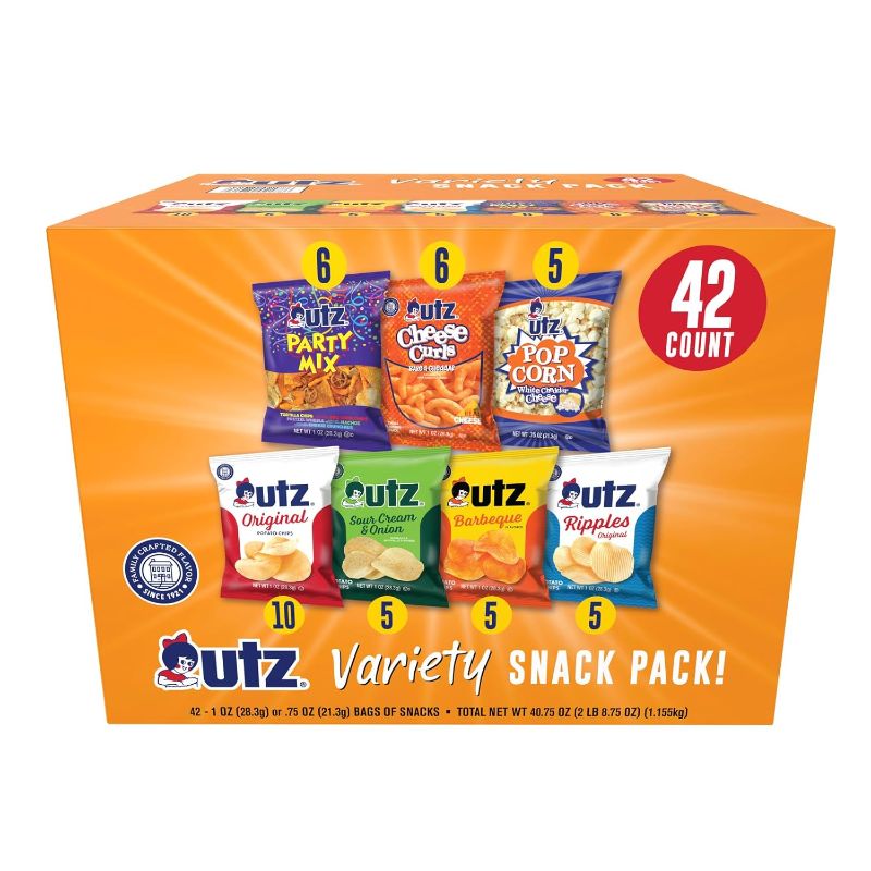 Photo 1 of Utz Snack Variety Pack Individual Snacks, Includes Potato Chips, Cheese Curls, Popcorn, and Party Mix, Crunchy Travel Snacks for Lunches, Vending Machines, and Enjoying on the Go (Pack of 42) EXP JAN/27/2025
