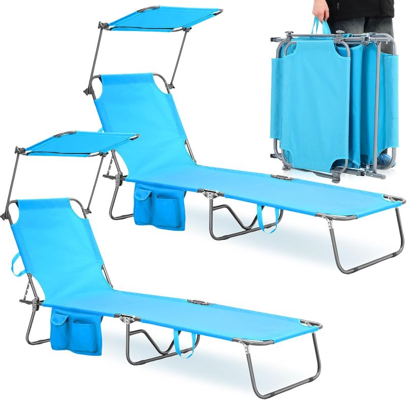 Photo 1 of Wenqik 2 Pcs Foldable Beach Lounge Chair with 360° Canopy Sun Shade, Side Pocket, Carry Handle Beach Sunbathing Recliner Tanning Chair 4 Position Adjustable Backrest for Outside, Patio, Poolside
