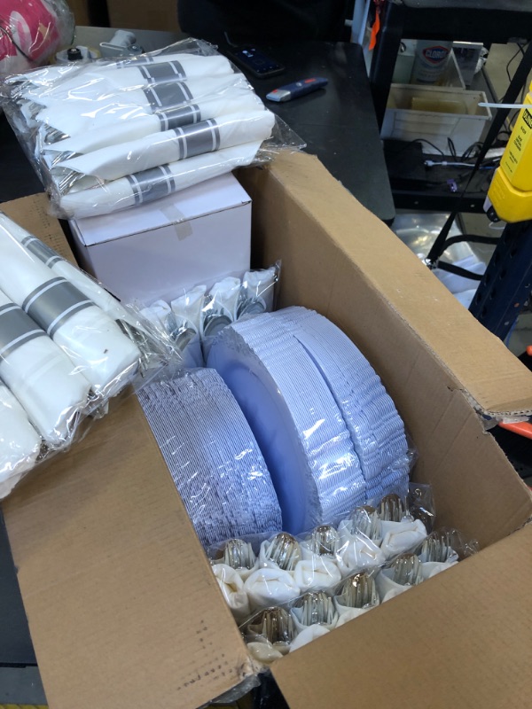 Photo 1 of Nervure 350PCS Silver Plastic Plates - Silver Plastic Dinnerware Sets for 50 Guests - 100 Silver Disposable Plates, 150 Silver Plastic Silverware, 50 Cups, 50 Napkins for Wedding & Party