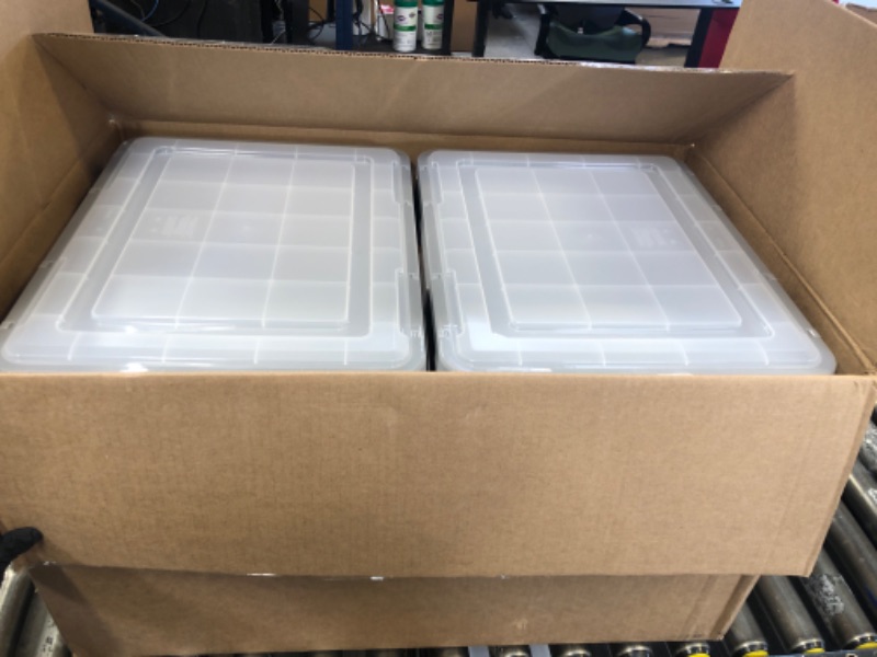 Photo 1 of IRIS USA File Box WeatherPro File Organizer Plastic File Box for Letter/Legal File, Water Resistant Document Box, Durable Lid, Seal w/ Secure Latching Buckles, Stackable, Nestable, Clear 32 Qt. 4Pack