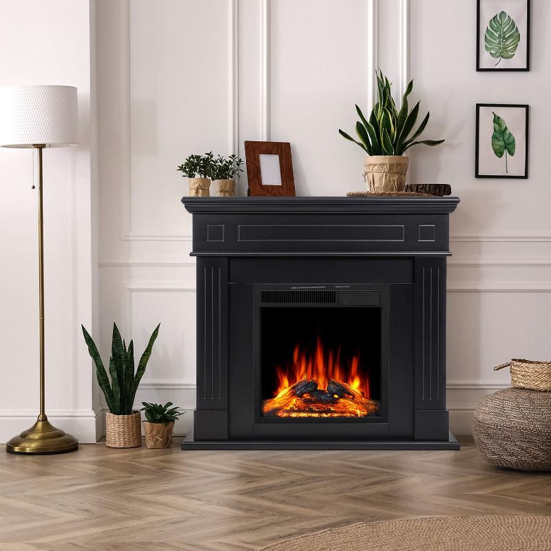 Photo 1 of R.W.FLAME 43” Electric Fireplace Mantel Wooden Surround Firebox, TV Stand with Freestanding Electric Fireplace, Remote Control, Adjustable Led Flame, 750W/1500w Black
