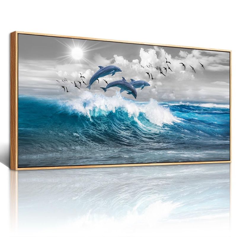 Photo 2 of Lapremoly Wood Framed Wall Art For Living Room Large Canvas Wall Decor For Bedroom Blue Waves Of The Sea Wall Pictures Artwork Modern Office Canvas Art Print Dolphins Wall Paintings Ready To Hang