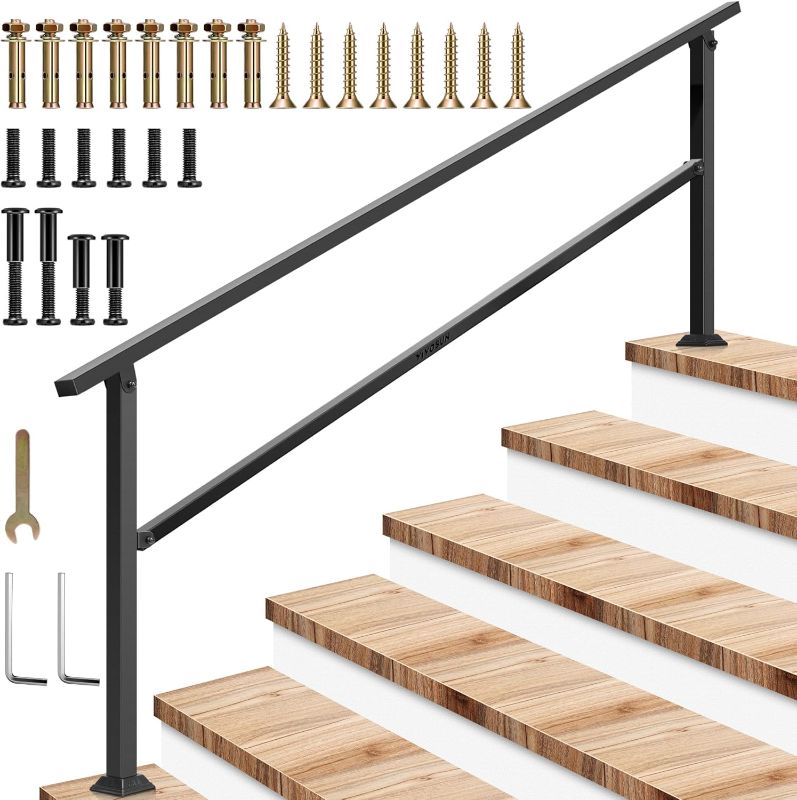 Photo 1 of VIVOSUN Outdoor Handrail, 6 Step Stair Handrail, 85" x 36" Fits 1 to 6 Steps, Wrought Mattle Iron Handrail for Concrete Steps, Porch Steps, One-Step Assembly, Black
