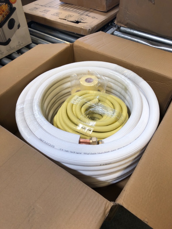 Photo 2 of 50ft Length Mini Split Line Set 1/4" 3/8" OD Copper Pipes Tubing and 3/8 White PE Thickened Insulated with Flared Nuts for Mini Split Air Conditioner HVAC or Heat Pump for 9000BTU (1/4+3/8 with wires)