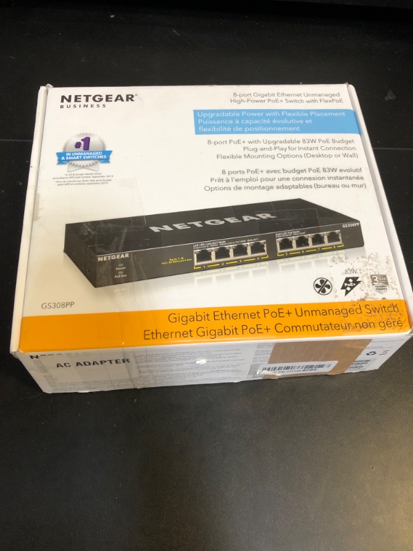 Photo 2 of NETGEAR 8-Port PoE+ Gigabit Ethernet Unmanaged Essentials Switch (GS308PP) - with 8 x PoE+ @ 83W, Desktop or Wall Mount