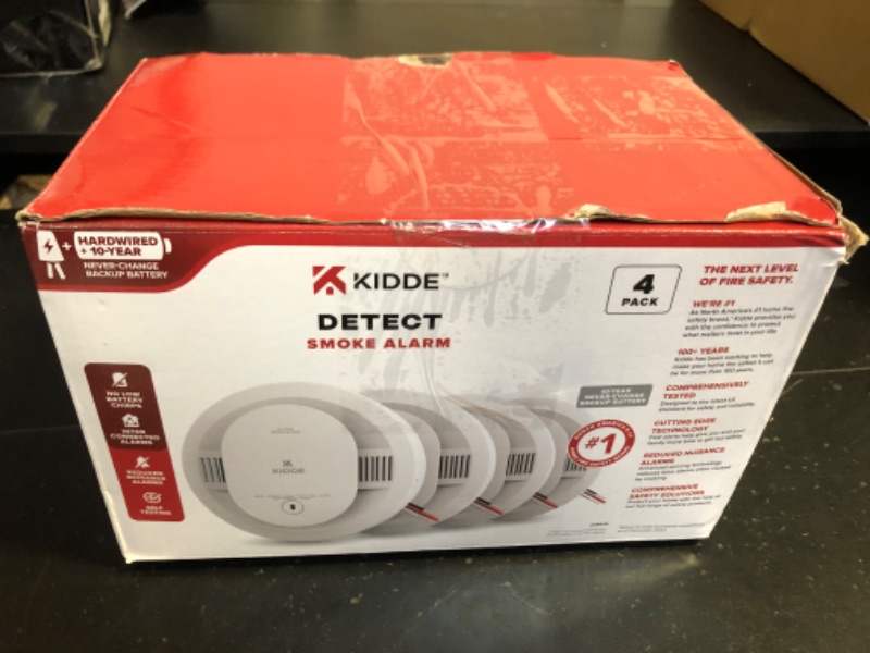Photo 1 of Kidde Hardwired Smoke Detector, 10-Year Battery Backup, Interconnectable, LED Warning Light Indicators, 4 Pack