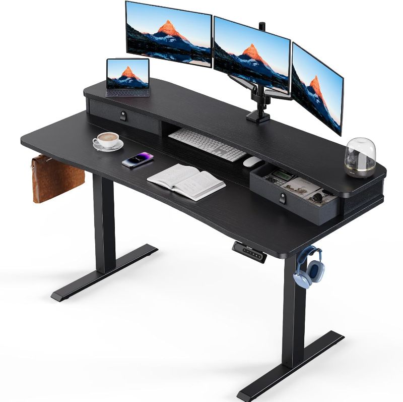 Photo 1 of HUANUO 55? x 26? Electric Standing Desk with 2 Drawers, C-Clamp Mount Compatible, Height Adjustable Computer Desk, Home Office Stand Up Desk with 4 Preset Heights & 2 Hooks, Black
