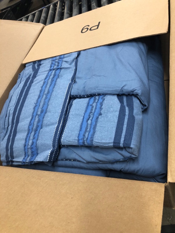 Photo 1 of Wonderful Denim Blue Comforter Set King Size, Yarn Dyed Farmhouse Striped Cotton Lightweight Boho Comforter with Pillow Shams, Fluffy Bedding Set for All Season