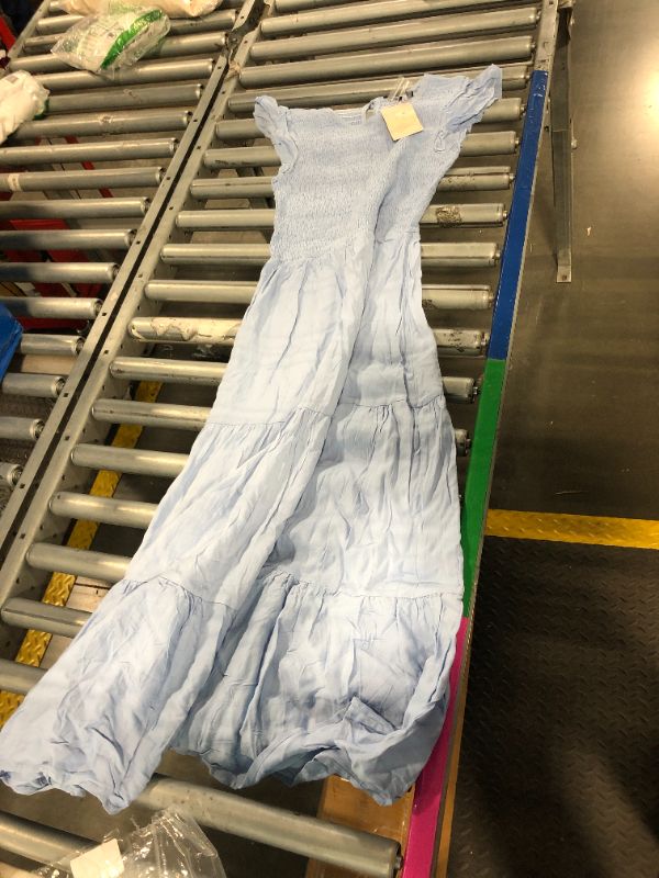 Photo 1 of ***SMALL SIZE*** BTFBM Women Casual Short Sleeve Crew Neck Summer Dress Bohemian Floral Printed Flowy Maxi Dresses Tiered Cocktail Dress (Solid Light Blue)