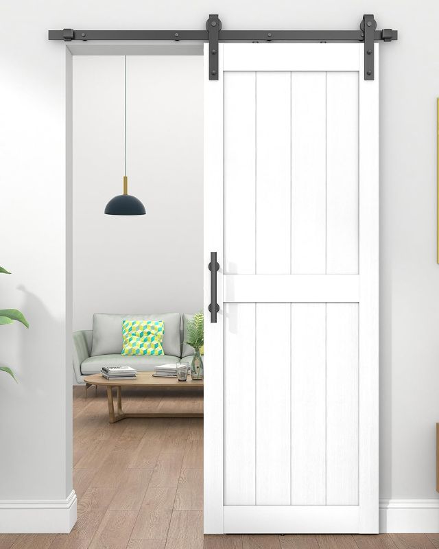 Photo 1 of **SIMILAR ITEM** White Barn Door, Sliding Barn Door with 7FT Barn Door Hardware Kit& Handle&Lock, MDF Modern Barn Door Covered with Water-Proof PVC Surface, H-Frame, Pre-Drilled Holes Easy to Assemble