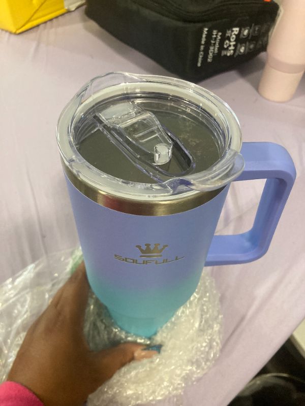 Photo 1 of 40 oz Tumbler with Handle and Straw Lid, 100% Leak-proof Travel Coffee Mug, Stainless Steel Insulated Cup for Hot and Cold Beverages, Keeps Cold for 34Hrs or Hot for 10Hrs, Dishwasher Safe (LakeBlue)