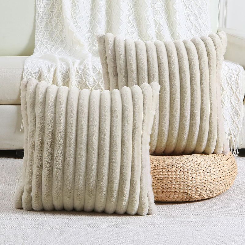Photo 1 of FUTEI Pack of 2 Beige Stripe Decorative Throw Pillow Covers 22x22 Inch Square Spring Pillow Cases Soft Cozy Faux Rabbit Fur and Velvet Backing