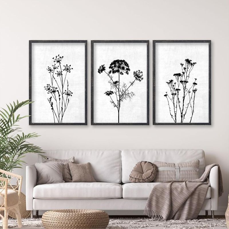 Photo 1 of ***frame damaged*** Flower Plant Wall Art Decor 16"x11" Set of 3 Black And White Botanical Painting Wood Framed For Minimalist Bedroom Office Rustic Living Room Abstract Wildflower Sign Hanging (Wood Black)