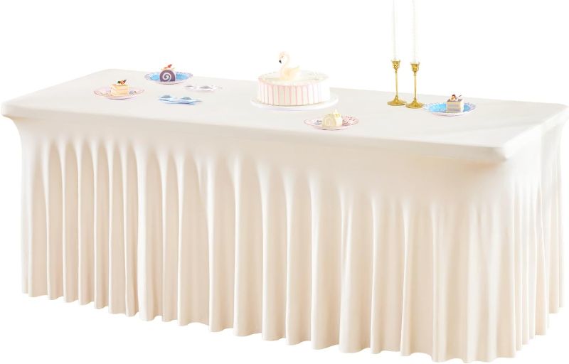 Photo 1 of 1 Pack Ivory Table Clothes for 6 Foot Rectangle Tables, One-Piece Wrinkle Resistant Stretch Spandex Table Covers with Skirt for Event Banquet Wedding Birthday Party