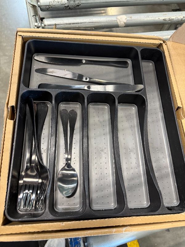 Photo 2 of **missing pieces/partial set*** used Piece Black Silverware Set with Drawer Organizer, Stainless Steel Cutlery for 8 with Matte Steak Knives, Forks, Spoons - Dishwasher Safe